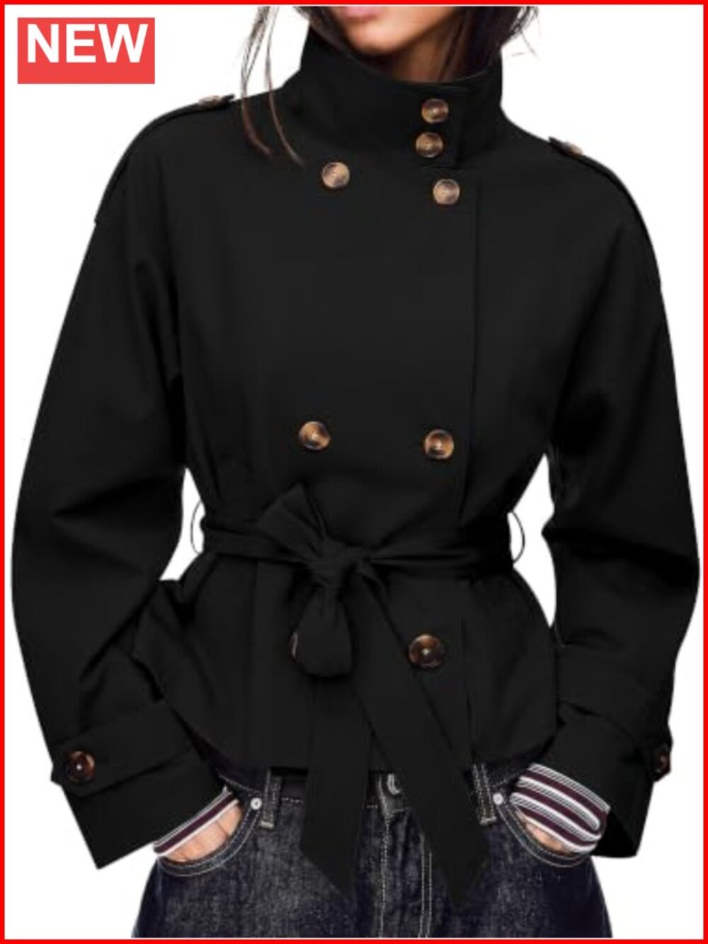 Cropped Trench Coat Double Breasted High Collar Short Jacket